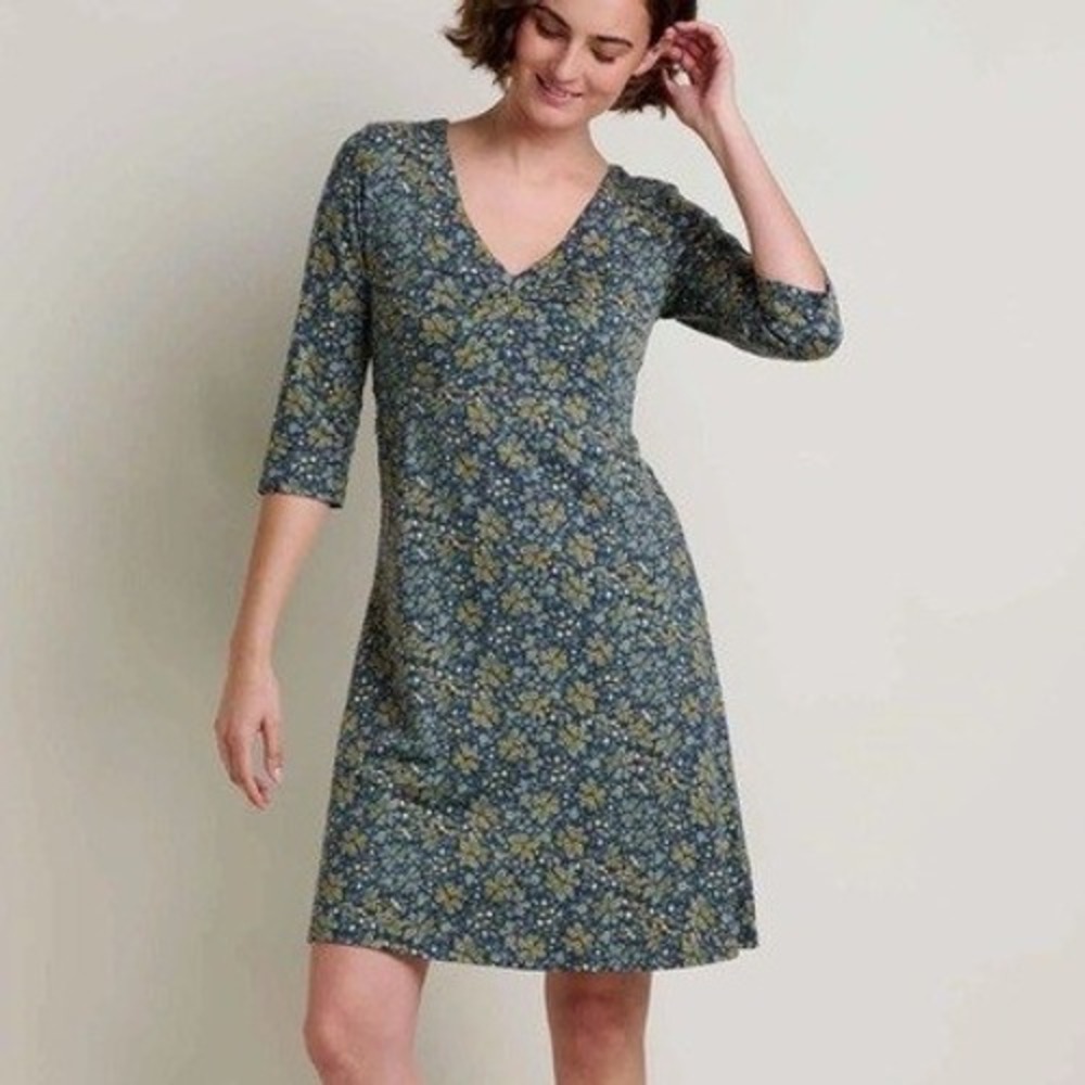 Toad & Co Green Navy Floral Tencel Organic Cotton Midi Dress M